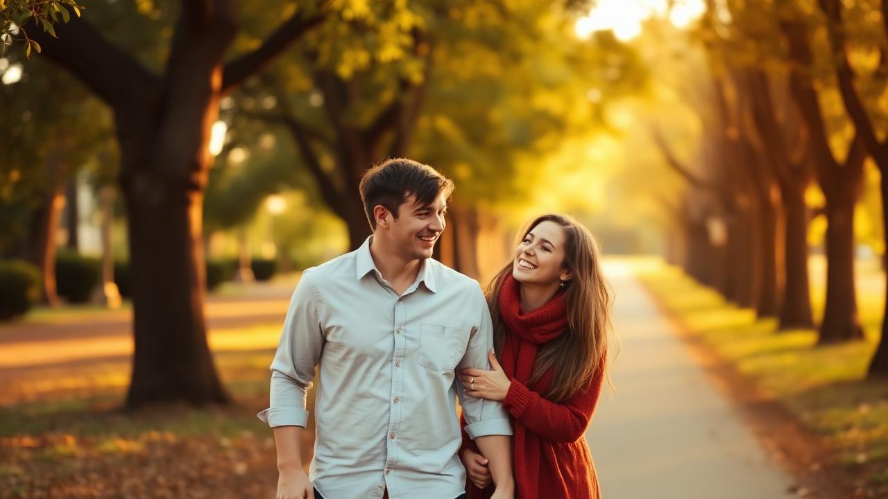 An engaged couple walking together on a tree-lined path