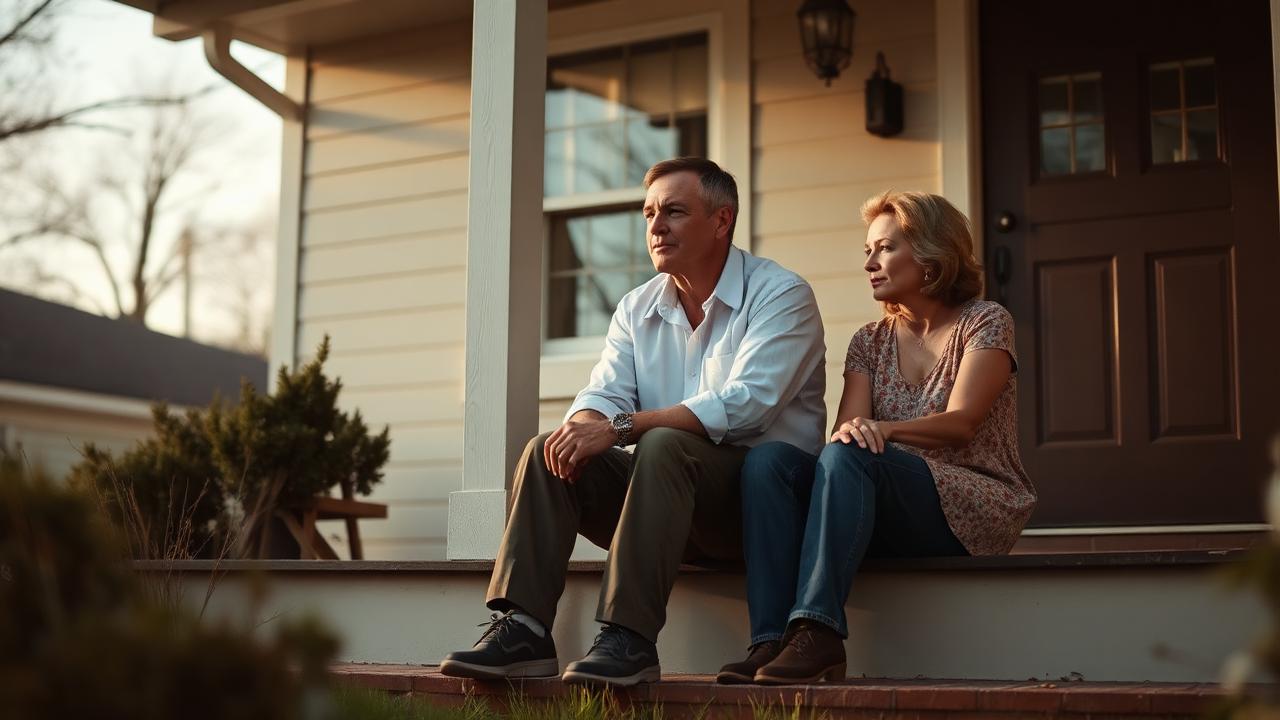 A couple sitting quietly side by side on a porch step