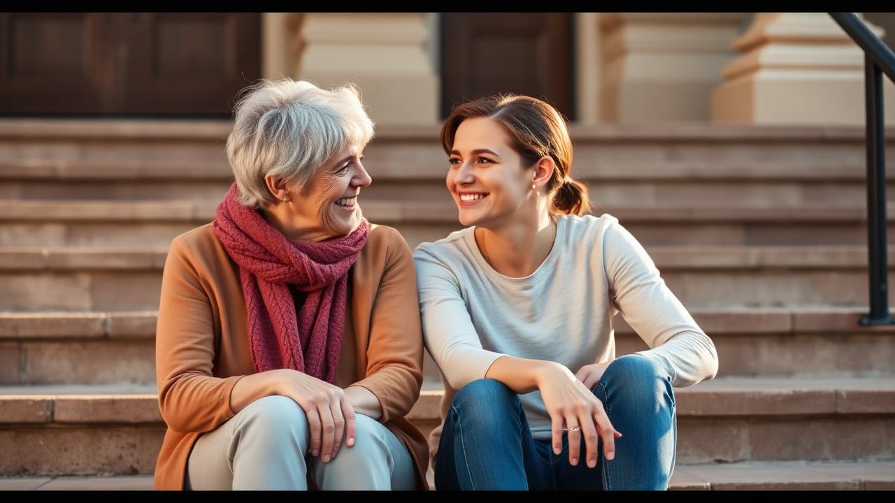 A parent and teen sitting side by side on outdoor steps, talking