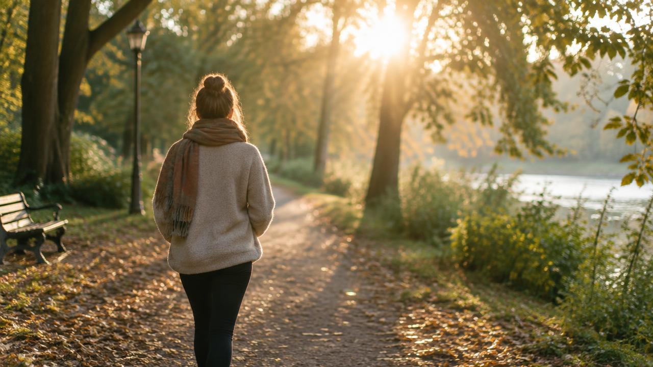 A person walking a leafy park path in soft golden morning light