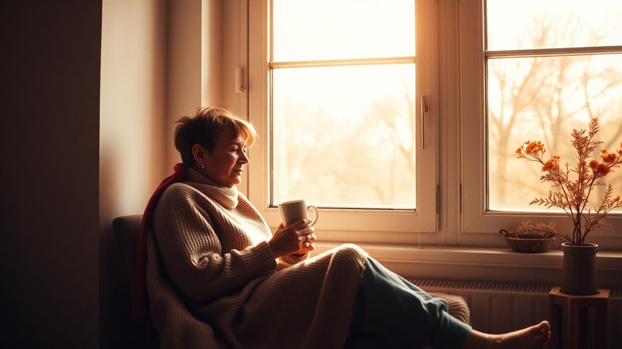 A person sitting calmly by a sunlit window with a warm drink