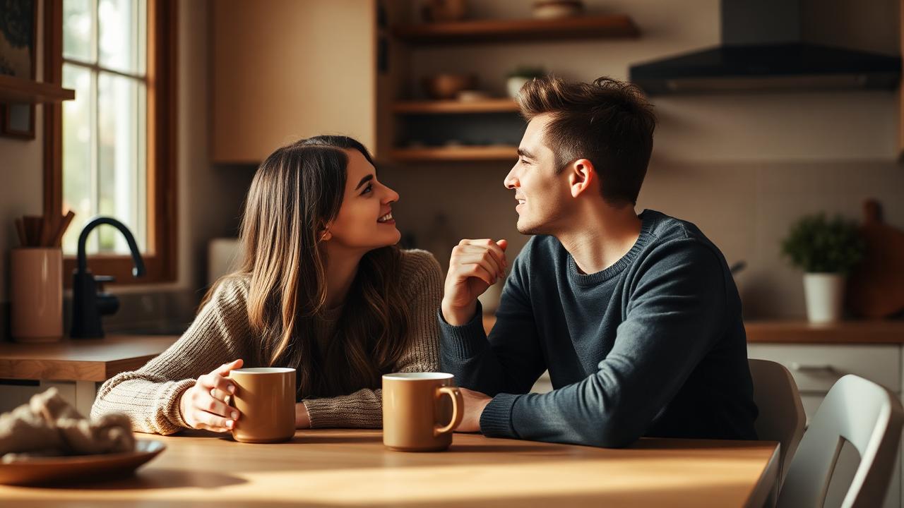 A couple talking closely over coffee at their kitchen table