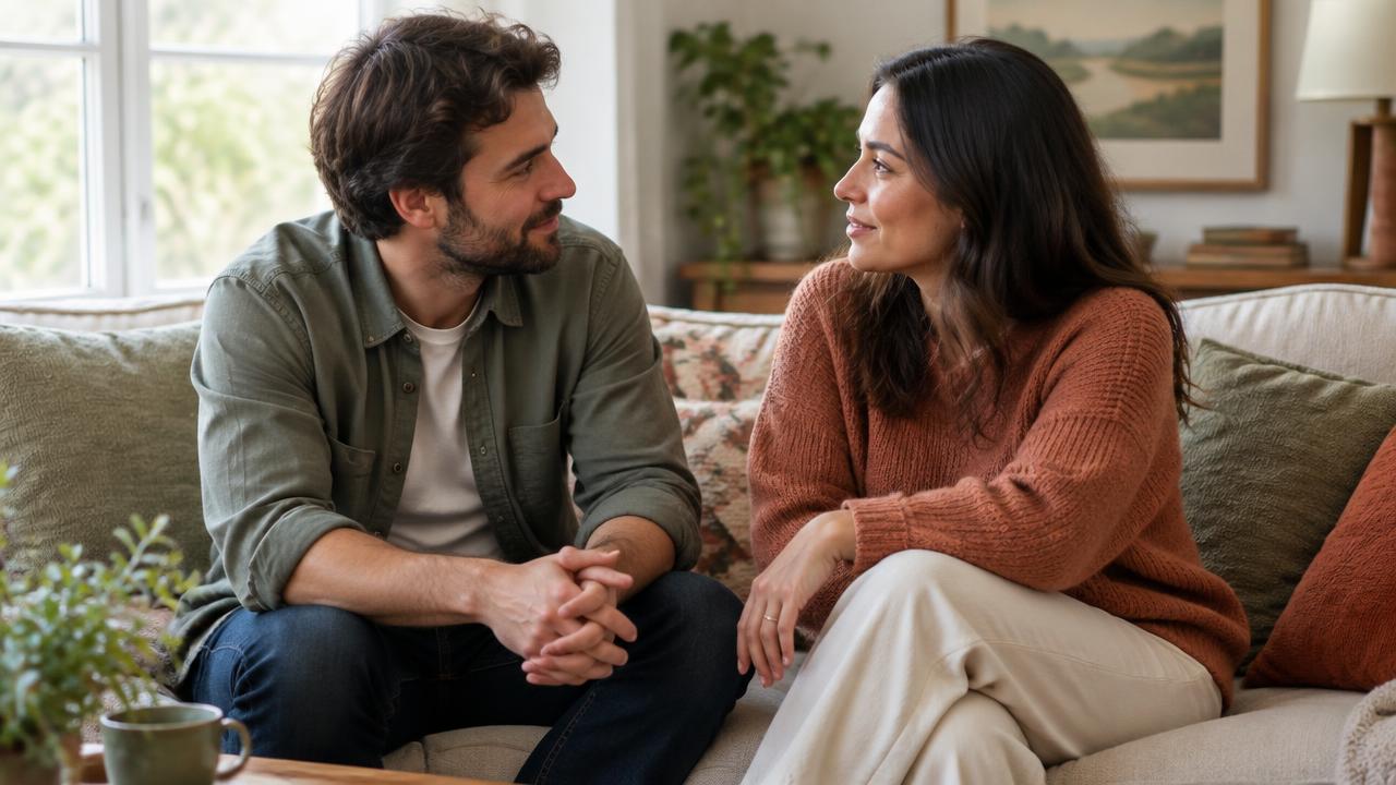 A couple having a calm, connected conversation at home