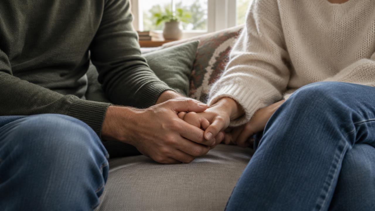 Two partners holding hands while seated together