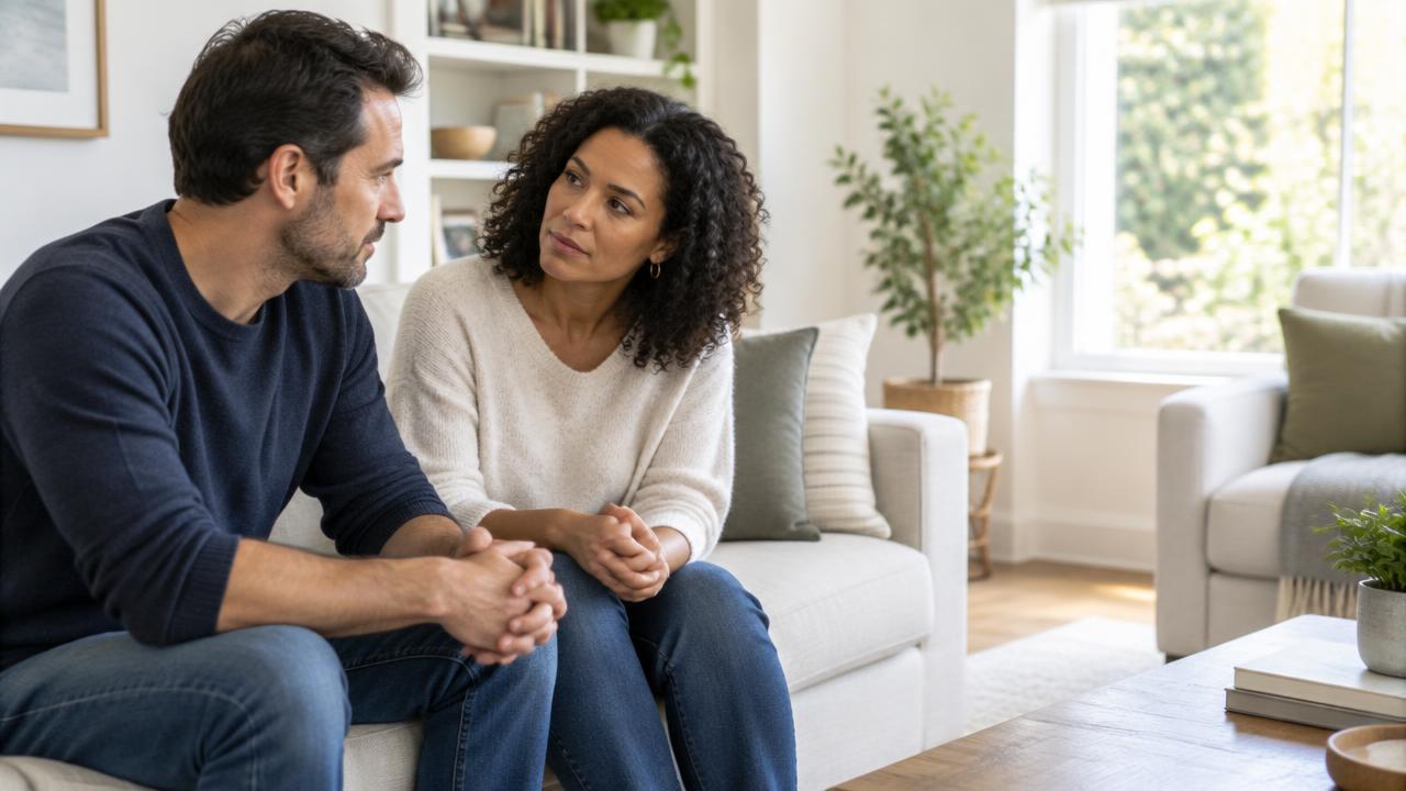 A couple having a thoughtful conversation together at home