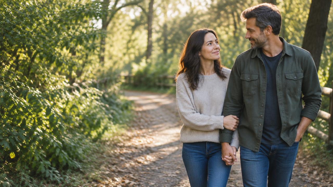 A couple reconnecting while walking together on a quiet wooded path