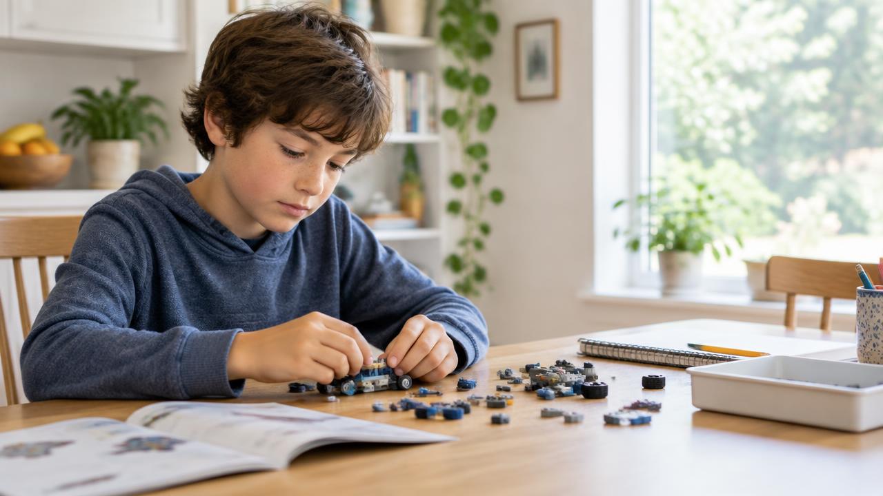 A school-age child concentrating on a hands-on project at home