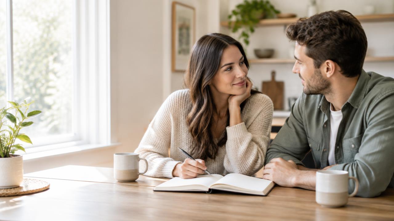 A couple discussing their plans together at a sunlit kitchen table