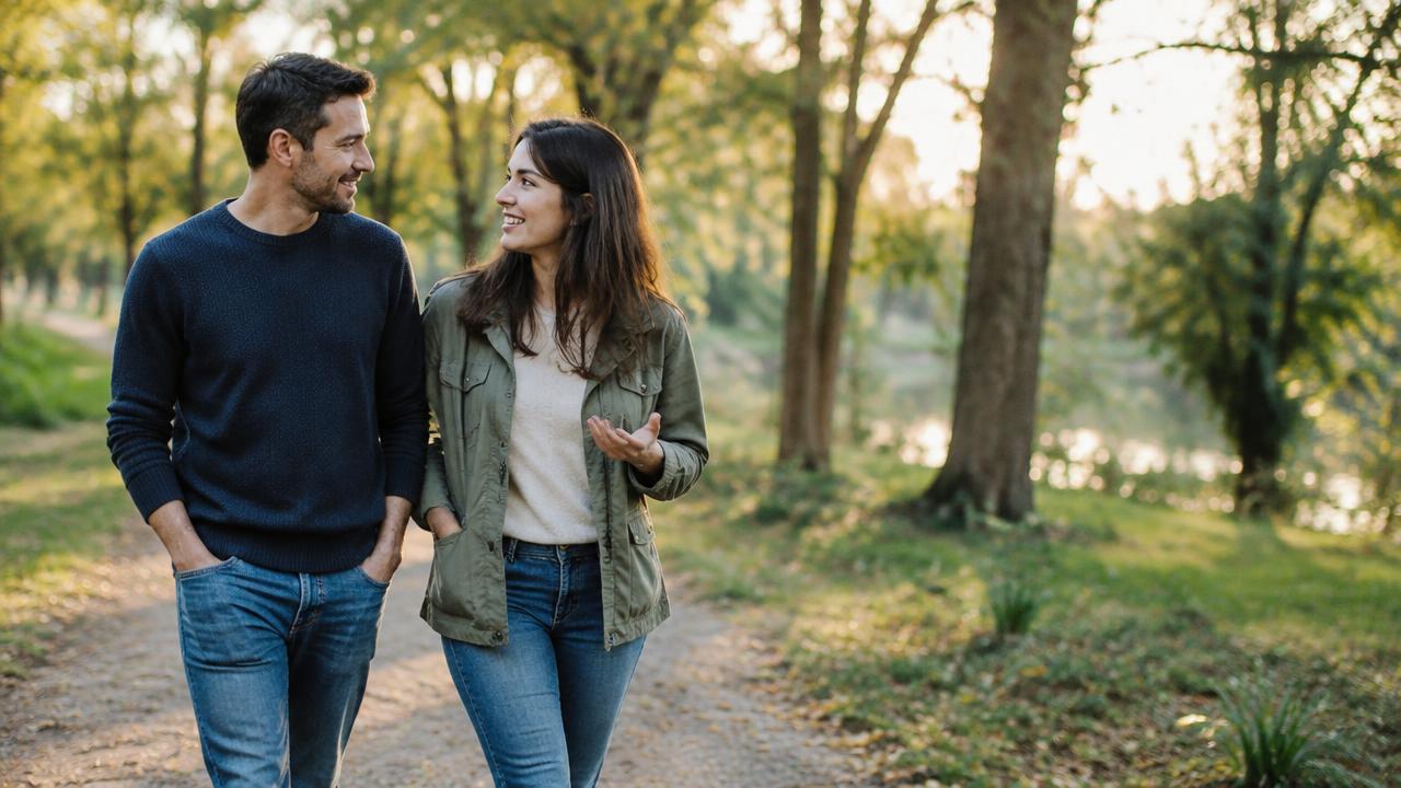 A couple talking while walking together on a tree-lined path