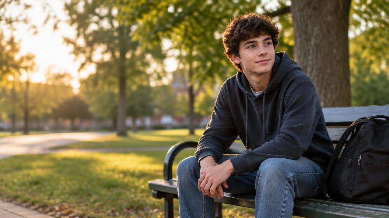 A teenager taking a quiet moment outdoors after school
