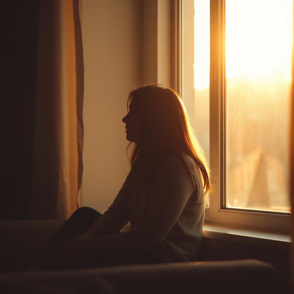 A person sitting quietly by a sunlit window