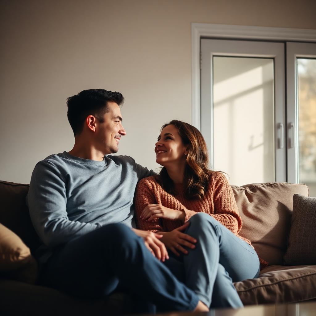 A couple sitting on a couch having a warm conversation