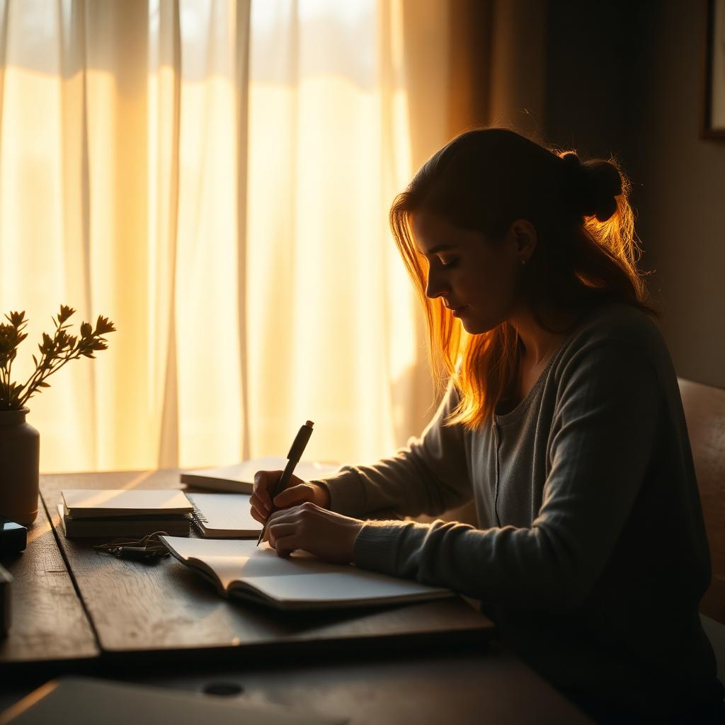 A person journaling at a wooden desk in warm morning light