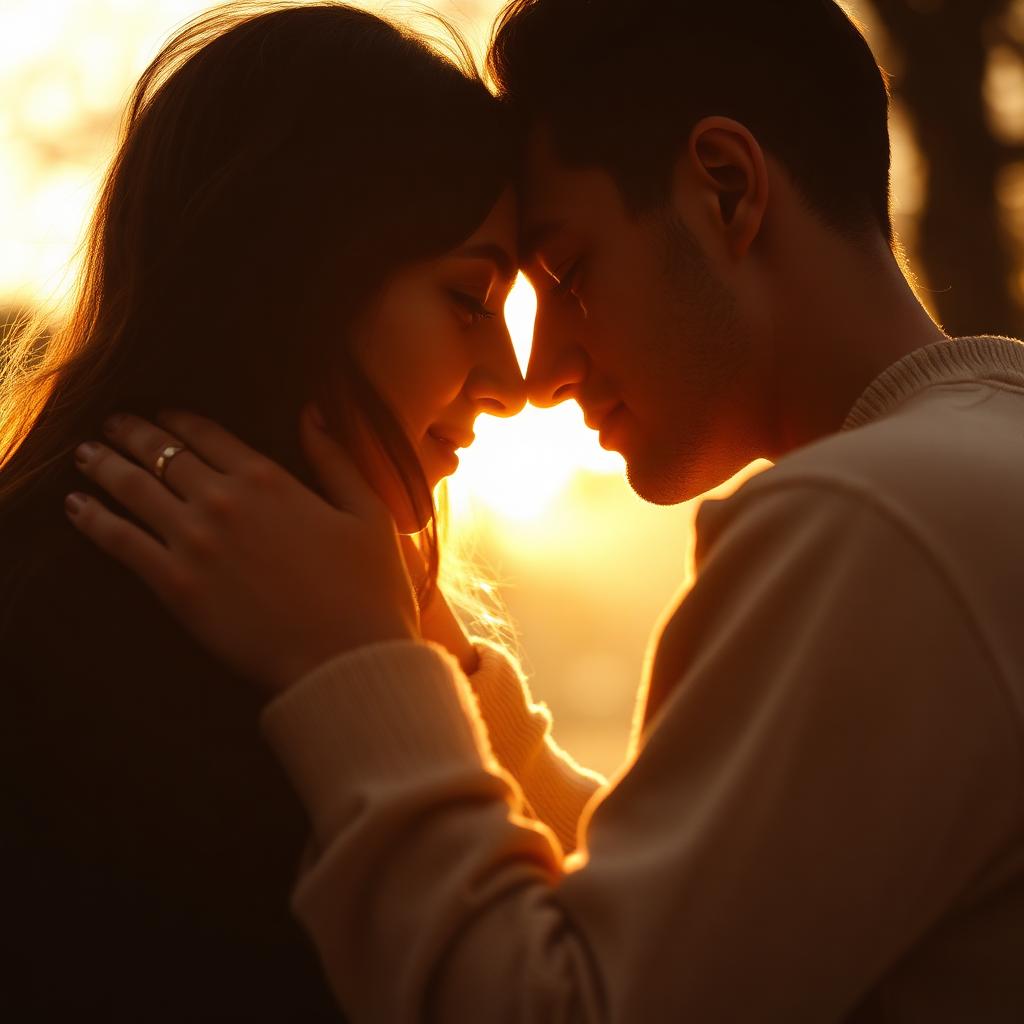 A couple embracing forehead to forehead in golden light