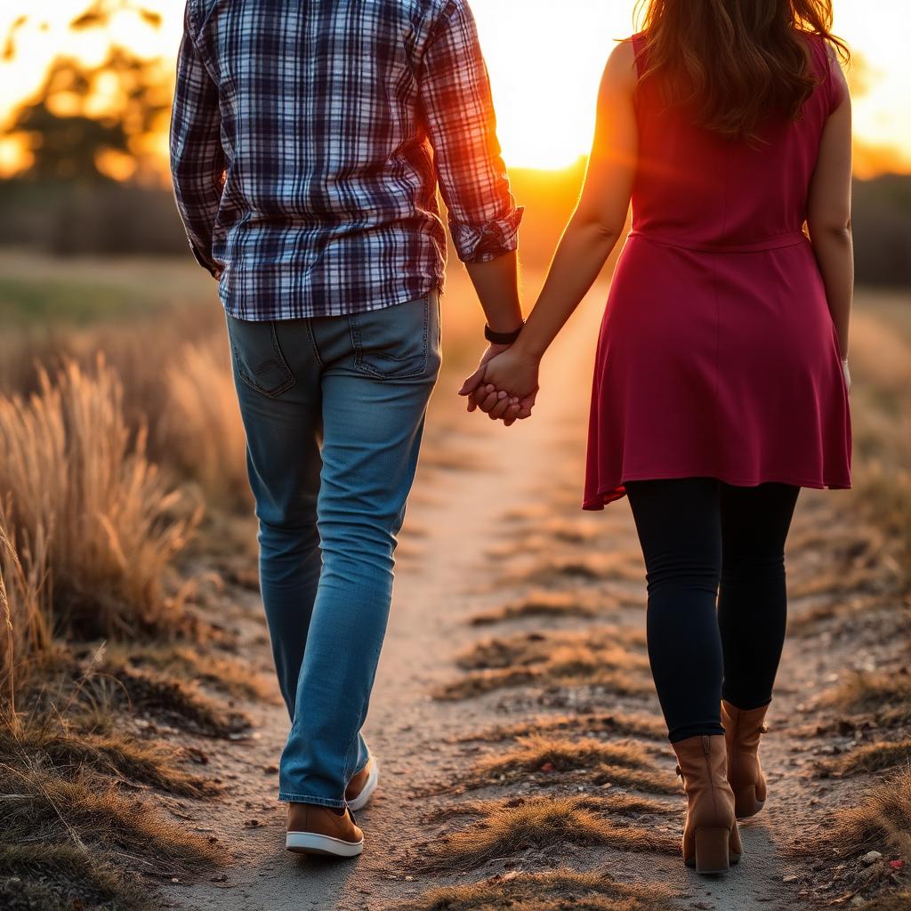 An engaged couple holding hands walking outdoors